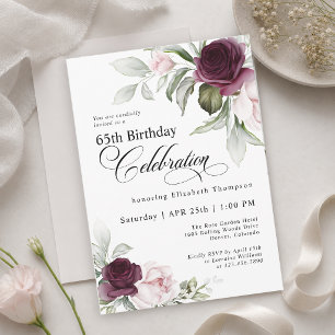 65. Geburtstag Elegante Florale Burgunder-Rosa Einladung