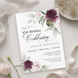 65. Geburtstag Elegante Florale Burgunder-Rosa  Einladung