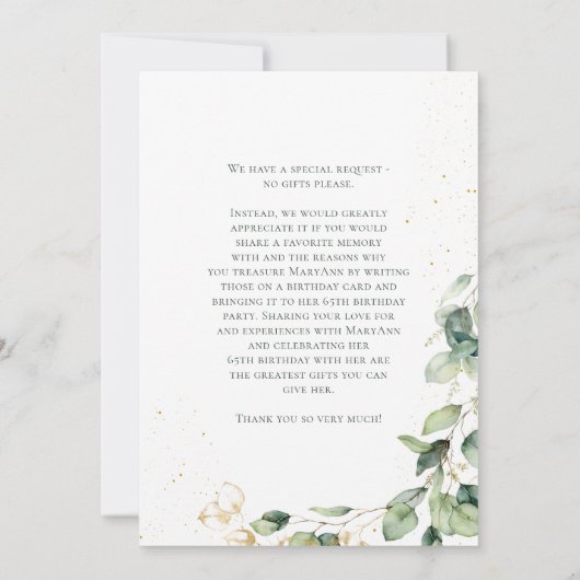 65. Geburtstag Eukalyptus Card Anfrage Einladung (Rückseite)