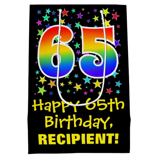 65. Geburtstag: Farbenfrohe Sterne Muster & Regenb Mittlere Geschenktüte (Rückseite)