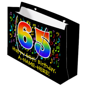 65. Geburtstag - Farbige Musiksymbole, Regenbogen Große Geschenktüte