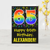 65. Geburtstag: Farbige Musiksymbole + Regenbogen  Karte (Gelbe Blume)