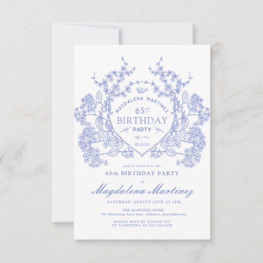 65. Geburtstag Französisches Vintages blaues Wappe Einladung (Vorderseite)