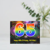 65. Geburtstag - Fun Fireworks Pattern + Regenboge Postkarte (Stehend Vorderseite)