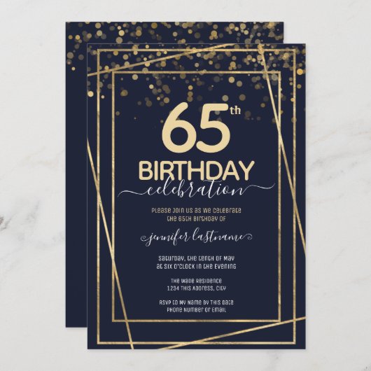 65. Geburtstag Gold und Blau Einladung (Vorne/Hinten)
