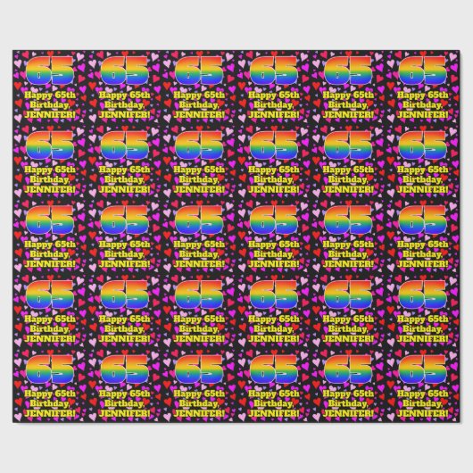 65. Geburtstag: Loving Hearts Pattern, Regenbogen Geschenkpapier (Saum)