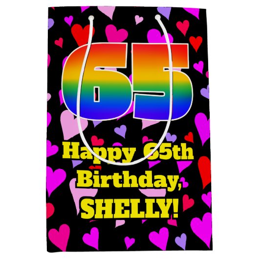 65. Geburtstag: Loving Hearts Pattern, Regenbogen  Mittlere Geschenktüte (Vorderseite)