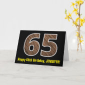 65. Geburtstag: Name + Imitate Holzkörnchen Muster Karte (Gelbe Blume)