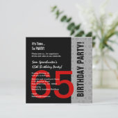 65. Geburtstag oder jedes Jahr rotes Silberschwarz Einladung (Stehend Vorderseite)