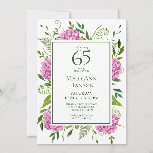 65. Geburtstag Pink Hydrangeas Card Anfrage Einladung (Vorderseite)