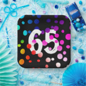 65. Geburtstag Rainbow Dots auf Black Pappteller (Party)