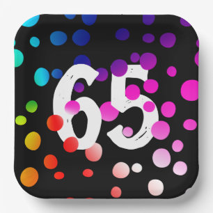 65. Geburtstag Rainbow Dots auf Black Pappteller