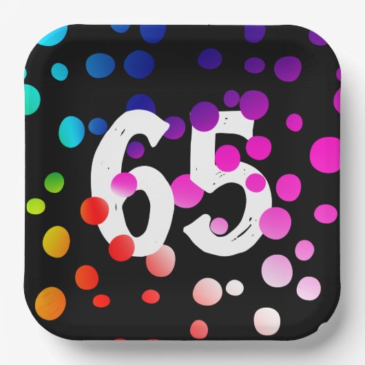 65. Geburtstag Rainbow Dots auf Black Pappteller (Vorderseite)