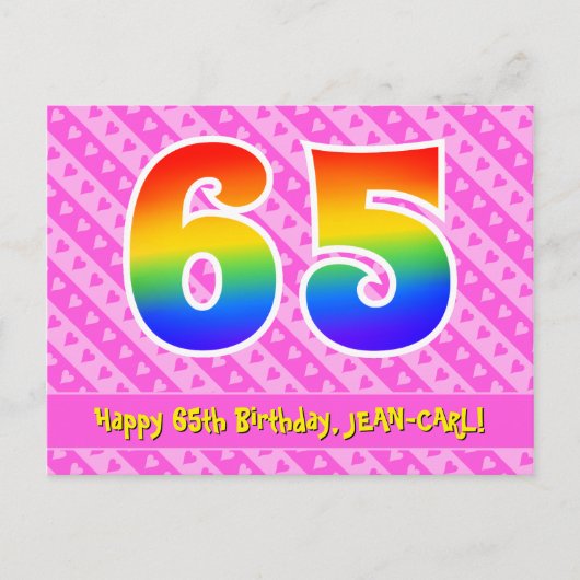 65. Geburtstag: Rosa Streifen & Herz, Regenbogen 6 Postkarte (Vorderseite)