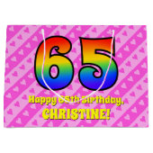 65. Geburtstag: Rosa Streifen & Herz, Regenbogen # Große Geschenktüte (Vorderseite)