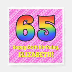 65. Geburtstag: Rosa Streifen & Herz, Regenbogen # Serviette
