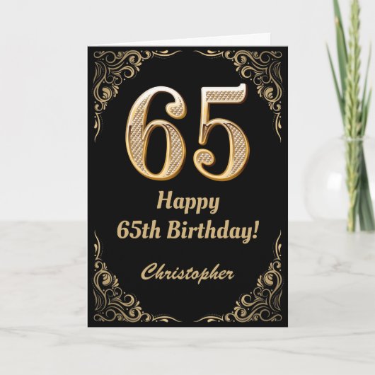 65. Geburtstag Schwarz und Gold Glitzer Rahmen Karte (Vorderseite)