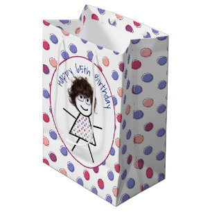 65. Geburtstag Strichfigur-Mädchen auf Polka Dots Mittlere Geschenktüte