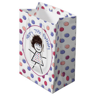 65. Geburtstag Strichfigur-Mädchen auf Polka Dots  Mittlere Geschenktüte