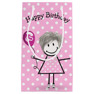 65. Geburtstag Strichfigur-Mädchen mit Pink Balloo Kleine Geschenktüte