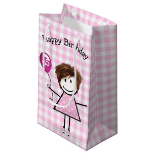 65. Geburtstag Strichfigur-Mädchen mit Pink Balloo Kleine Geschenktüte