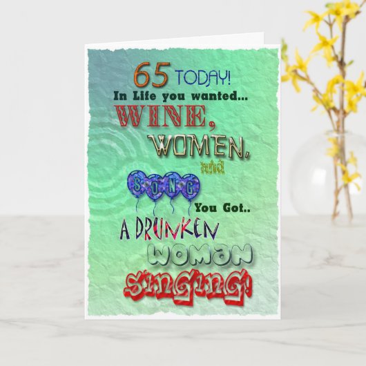 65. Geburtstag, Weinfrauen und Liedkarte Karte (Gelbe Blume)