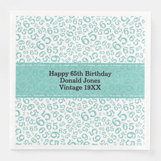 65. Geburtstag Zahlenmuster Aquamarin/weiß Serviette (Vorderseite)
