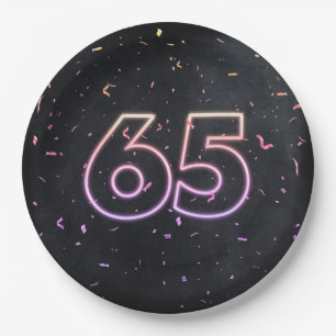 65. Geburtstags-Neon-Schild auf schwarzer Papptell Pappteller