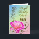 65. Geburtstagskarte der eleganten Rose für Karte<br><div class="desc">Eine elegante rosa Rose auf einem goldenen Rollearbeitshintergrund. Eine schöne Karte,  die sicher ist,  Ihrer Schwester auf ihrem 65. Geburtstag zu gefallen.</div>