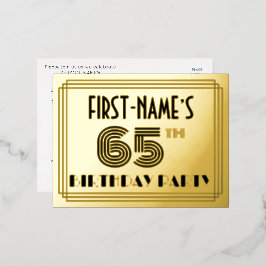 65. Geburtstagsparty ~ Art-Deco-Stil "65" + Name Folie Einladungspostkarte