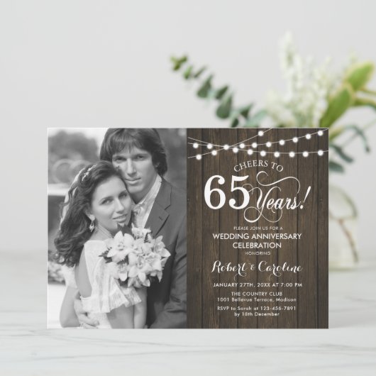 65. Jubiläum mit Foto - Rustikales Holz Einladung (Stehend Vorderseite)