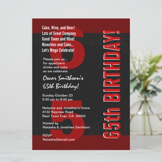 65. Modern Birthday Schwarz-weiß Red F430 Einladung (Stehend Vorderseite)
