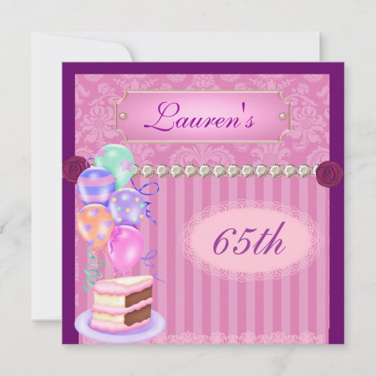 65. Vintag Pink GeburtstagsDamaskus Einladung (Vorderseite)