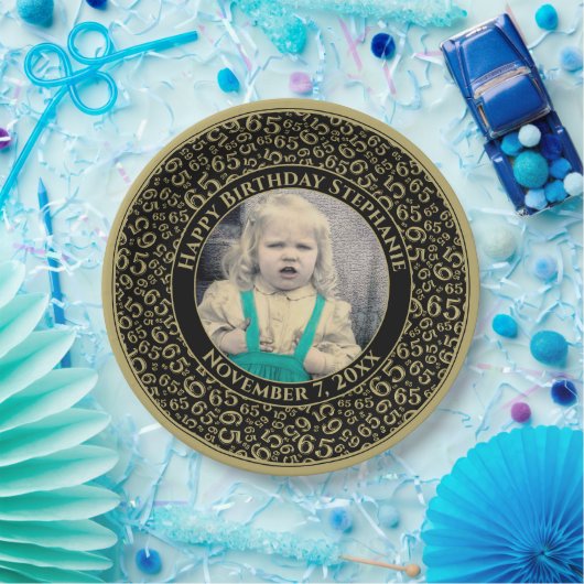 65 Your Photo Random Number Pattern Black/Gold Pappteller (Party)