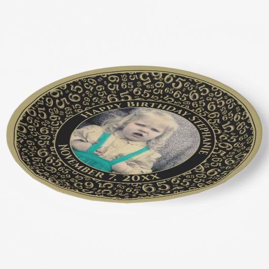 65 Your Photo Random Number Pattern Black/Gold Pappteller (Schrägansicht)