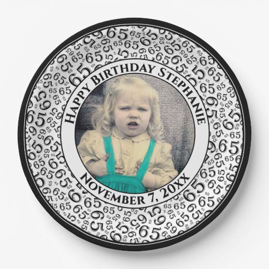 65 Your Photo Random Number Pattern Black/White Pappteller (Vorderseite)