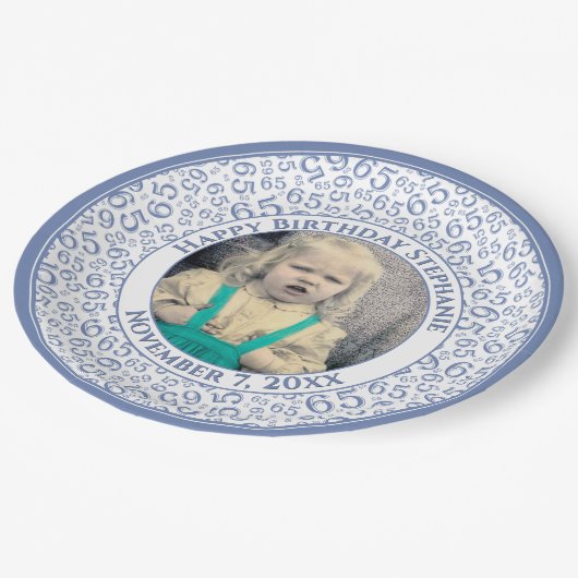 65 Your Photo Random Number Pattern Blue/White Pappteller (Schrägansicht)