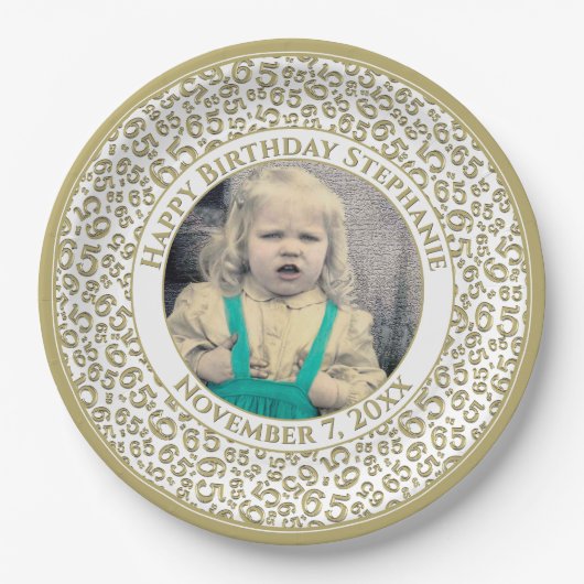 65 Your Photo Random Number Pattern Gold/White Pappteller (Vorderseite)