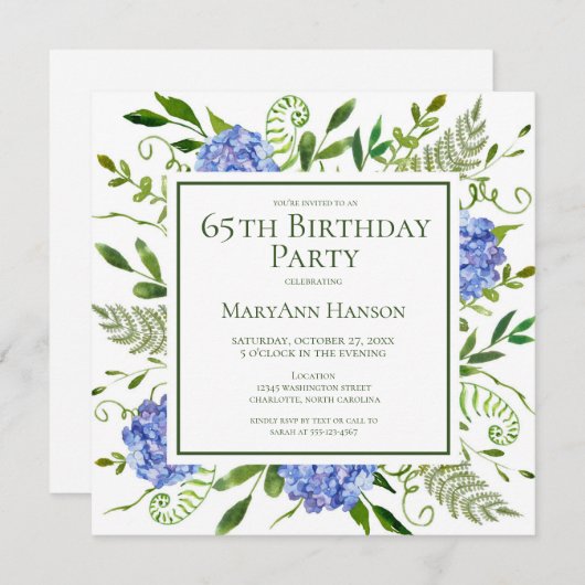 65th Birthday Blue Hydrangeas Card Request Einladung (Vorne/Hinten)