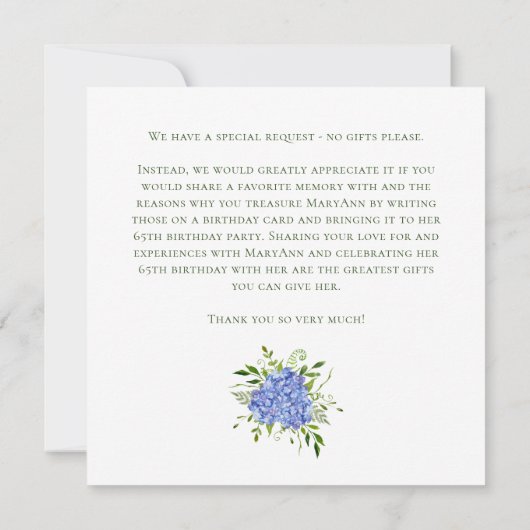 65th Birthday Blue Hydrangeas Card Request Einladung (Rückseite)