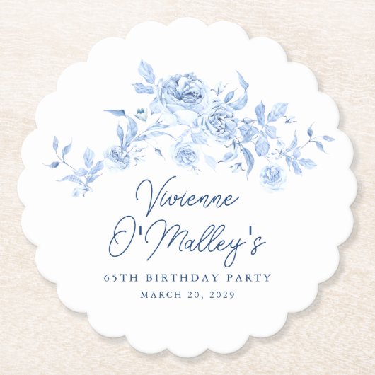 65th Birthday Party Blue Rose Floral Custom Untersetzer (Vorderseite)