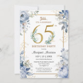 65th Birthday Party Elegant Dusty Blue Floral Einladung (Vorderseite)