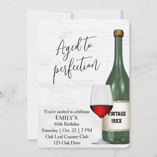 65th Birthday Party Red Wine Glass and Bottle Einladung (Vorderseite)