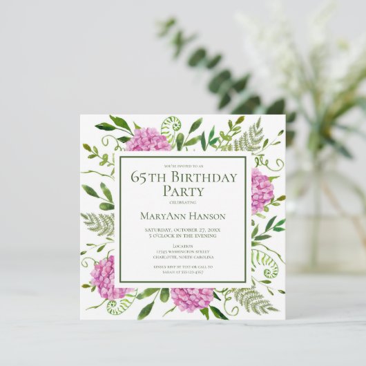 65th Birthday Pink Hydrangeas Card Request  Einladung (Stehend Vorderseite)