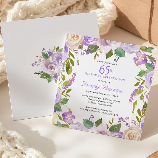 65th Birthday Pretty Purple Floral Invitation Einladung
