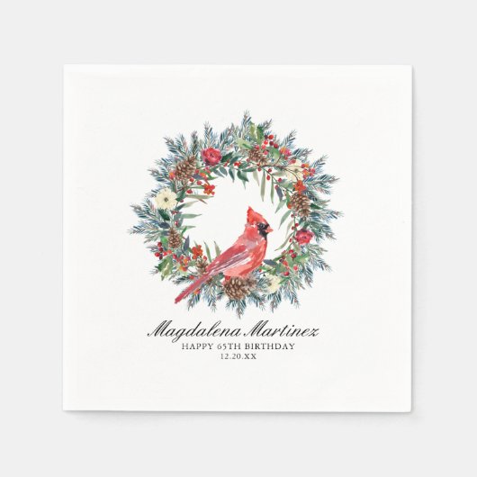 65th Birthday Red Cardinal Wreath Custom Cocktail Serviette (Vorderseite)
