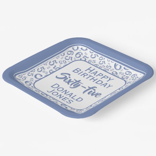 65th Party Random Number Pattern Blue/White Pappteller (Gewinkelt)