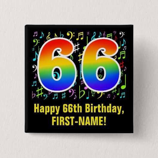 66. Geburtstag: Farbige Musiksymbole, Regenbogen 6 Button (Vorderseite)