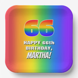 66. Geburtstag: Farbiges, lustiges Regenbogenmuste Pappteller