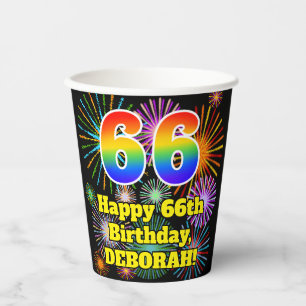66. Geburtstag: Fun Fireworks Pattern + Rainbow 66 Pappbecher